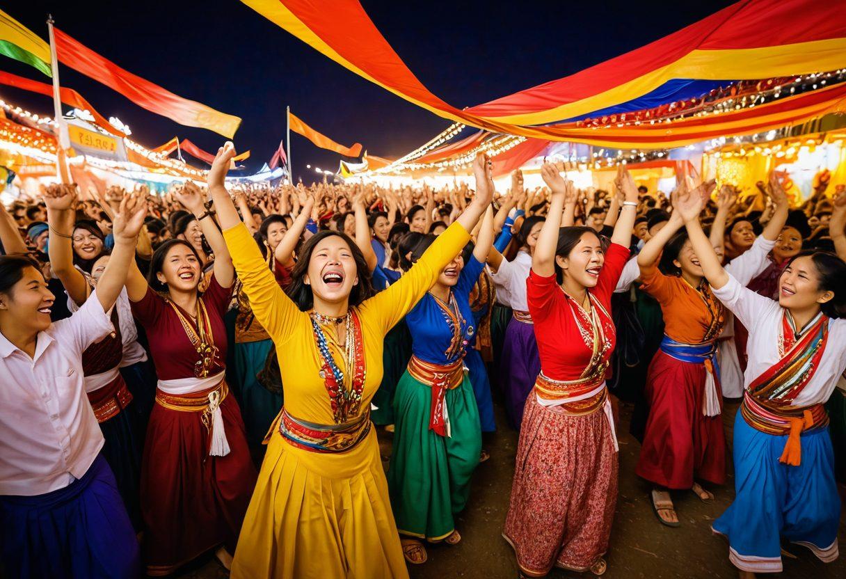 A vibrant scene showcasing an energetic crowd at a Xentai cultural festival, filled with colorful decorations and traditional attire. People are laughing, dancing, and enjoying various performances, representing the joyful essence of the culture. Incorporate elements like colorful banners, enthusiastic fans waving flags, and a backdrop of a beautifully lit stage. The atmosphere should exude warmth, unity, and excitement. vivid colors. expressive characters. festival atmosphere.