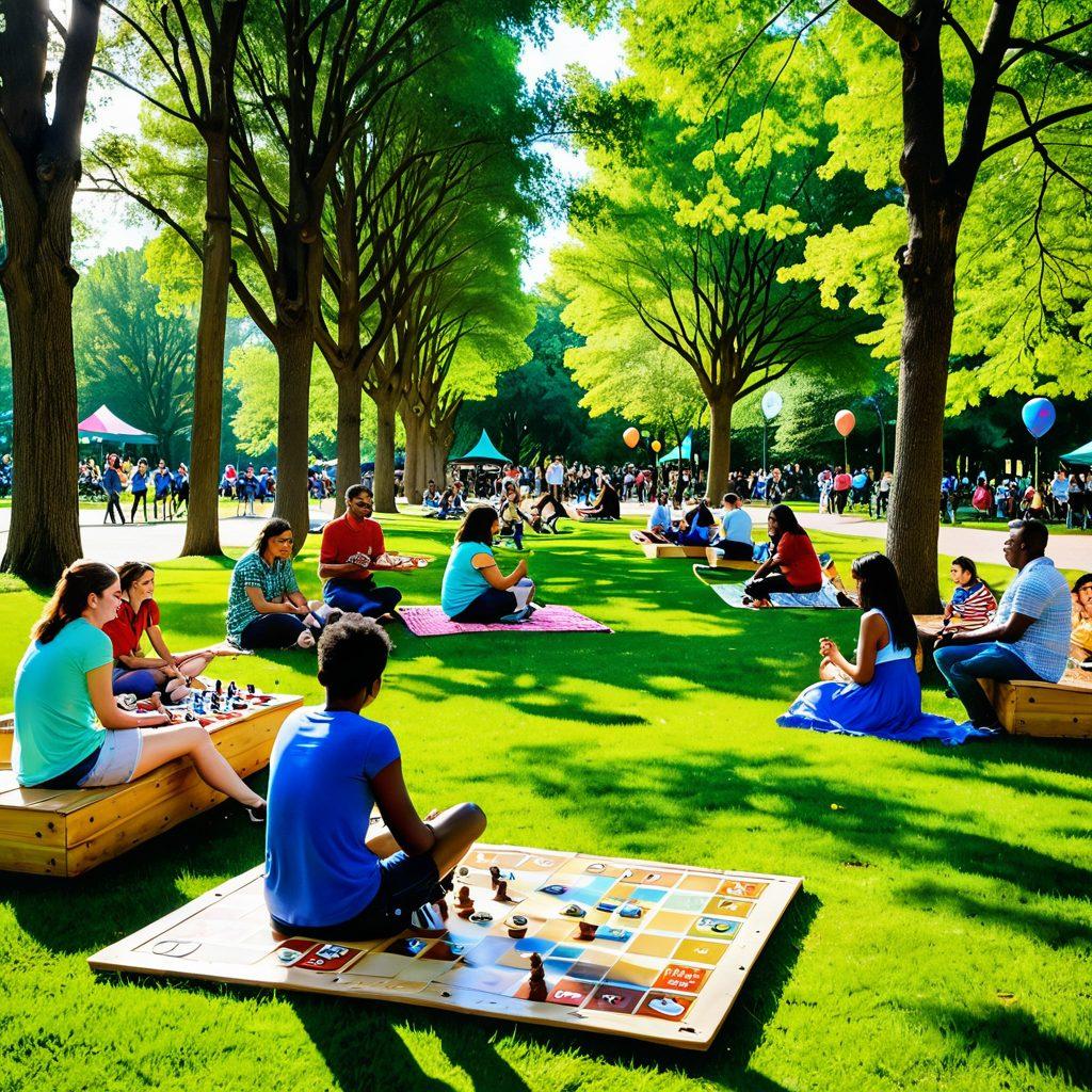 A vibrant scene depicting a diverse group of people joyfully playing games in a lush, colorful park, with laughter and vibrant banners in the background. Include a mix of traditional board games and modern video games, showcasing camaraderie and community spirit. Sunlight filters through the trees, creating a warm and welcoming atmosphere, filled with cheerful expressions and playful interactions. super-realistic. vibrant colors. whimsical elements.