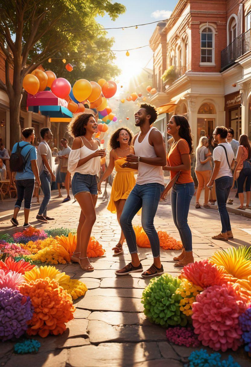 A vibrant community scene featuring diverse individuals joyfully interacting, surrounded by colorful art installations and uplifting content displays. Incorporate elements like laughter, creativity, and connection, emphasizing a sense of belonging and happiness. The atmosphere should be bright and inviting, with warm sunlight casting a glow on the participants. super-realistic. vibrant colors. 3D.